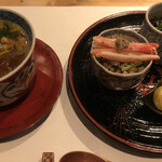 Rakushoku Fujita - お通し。ひじき煮、せいこ蟹みぞれ和え、栗唐揚げ、天然なめこ茶碗蒸し。飲み物とほぼ同時に提供されます。嬉しい反面、いきなりお財布の心配が。。。(^_^;)