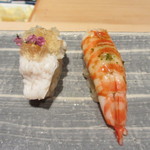 鮨 麻生 平尾山荘 - 海老とハモのお寿司、これもぱくり！