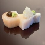 Tsukiji Sushi Omakase - 津本式究極の血抜きのサワラ14日熟成。梅肉ソースと辛味大根で