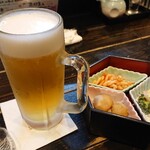 Chisoudokoro Sakura Tei - 一杯目の生ビール、お通し三種盛り
