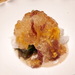 炭火割烹 白坂 - ⚫大分カワハギ　土佐酢ジュレ　春菊の焼き浸し