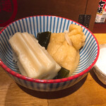 江戸天ぷら屋台 十六文 - おでんおまかせ3種(ちくわぶ、昆布巻き、巾着餅) ２７０