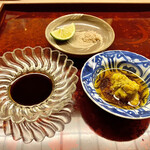 道人 - 伊勢海老味噌のポン酢、真鯛（明石産）は塩酢橘、お醤油で。