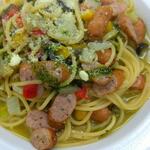 spaghetti with sausage and vegetables
