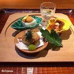 らん亭～ 美日庵 - 岩牡蠣二杯酢と銀杏､牡蠣ﾌﾗｲ､ﾊﾞﾌﾝ海胆､胡麻豆腐､蛸･芋･南瓜