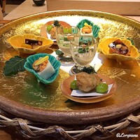 らん亭～ 美日庵 - 岩牡蠣二杯酢と銀杏､牡蠣ﾌﾗｲ､ﾊﾞﾌﾝ海胆､胡麻豆腐､蛸･芋･南瓜