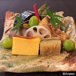 御料理 寺沢 - 玉子焼､子持ち昆布､銀杏素揚､鴨ﾛｰｽ焼､甘鯛若狭揚､白ﾎﾞﾀﾝ海老 海鼠腸和え､鯖棒寿司