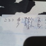 やきにくポッサムチプ - 塩ホルモン盛合せの内容書いてもらいました。コテツ、並ミノ、センマイ、タケノコ、ハート、赤カブ、テッチャン