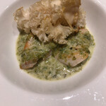 マッシュルーム - 愛媛の漁師 藤本氏のコショウダイのポワレ 青海苔ソース ハナビラタケのグリエ添え