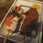 串焼 文福 - 明太子焼（左）、レバー（右）