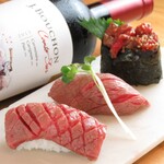 ``3 types of meat Sushi'' is very popular due to its moist texture.