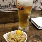 元祖美唄焼鳥 三船 - 中ジョッキ 400円/お通し 300円