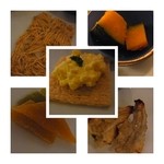 1219 - 左上：たたみ鰯、右上：南瓜の煮つけ、左下：キウイとマンゴーのドライフルーツ、右下：炙り鰯せんべい、中央：卵フィリング