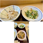Kyou No Chisou Hannariya - おばん菜3種
                        茄子味噌には焼いた鯛の身をほぐして入れてます。
                        水菜と油揚げのお浸しが、シャキシャキしていい食感。
                        おから煮、牛肉やごぼうのささがきがたっぷりと入りしっとりと炊かれてます。