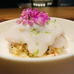 ラ カンロ - ④【Salade：米、鱈白子】
      ★ イタリア米+野菜+ビネガーのサラダ、鱈のソテー、白子のペーストソース、紫蘇花+ライム掛け