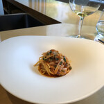 テアトロ ディ マッサ - めちゃーくちゃ美味しかった北寄と紫蘇と茗荷のトマトソースタヤリン。すごく美味しかった。