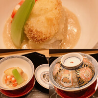 日本料理 直 - 海老芋、下仁田ネギ揚げのあん肝ソース