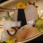 日本料理 幸庵 - 帆立の雲丹挟み、たこ、平目の造りアップ