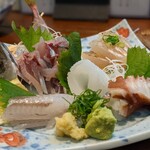 旬魚菜 しら川 - お刺身の盛り合わせ２人前（アジ、赤矢柄、アオリイカ、地たこ、赤甘鯛昆布締め）