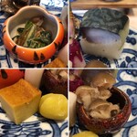 近江懐石 清元 - 柿の白和え・鯖寿司・玉子焼・丸十・しめじの明太子和え
