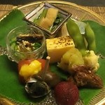 山玄茶 - 八寸　鱧の子玉締め、栂尾煮、大徳寺麩のチーズ挟み、