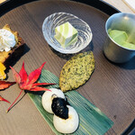 山本山 ふじヱ茶房 - ほうじ茶パウンドケーキ　抹茶酢橘チーズケーキ　抹茶プリン　煎茶のサブレ　海苔と白玉