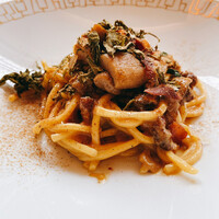 SALONE TOKYO - 六厘舎などでお馴染み浅草開化楼の麺を用いた、サルシッチャやポルチーニ茸などが入ったパスタ。