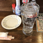 鳥長水産 - 鳥長水産(とりちょうすいさん) 二階堂焼酎ソーダ割￥350 お通し(ケジャン)￥400