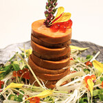 Monkfish liver and yam millefeuille tower