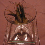 ゴッサム - オードブル　稚鮎の蕎麦粉フリット　焼き茄子のフォンダン　揚げたフヌイユ乗せ