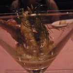 ゴッサム - オードブル　稚鮎の蕎麦粉フリット　焼き茄子のフォンダン　揚げたフヌイユ乗せ