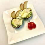 Whole avocado and shrimp gratin