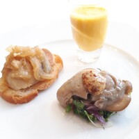 銀座 ハプスブルク・ファイルヒェン - ⚫キッチンからのご挨拶（アミューズ） ①「天然牡蠣のオイル漬け クレソン スプラウト」②「ハガツオのオイル漬け リップタワーのソース パンにのせて」③「オレンジ  人参  生姜のスープ」