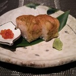 渓流荘しおり絵 - 大鱒寿司と鱒子の醤油付け