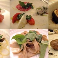クチーナ ヒラタ - アボガドとマグロのタルタル、モッツッァレラチーズとフルーツトマト（トマトは宮崎さん）、牛肉のカルパッチョ、スズキのシャンパンビネガー、蛤のパスタ、そば粉のタリアテーレ、仔羊