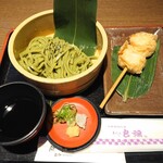 Yoshiya - 結び天冨良1本(ゆばチーズ)+抹茶ざるうどん(1,430円)