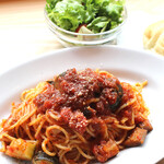 Tomato sauce pasta with eggplant and zucchini