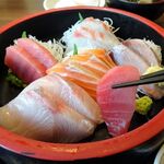 Sakura Suisan - 刺身五種盛り定食880円（ご飯、みそ汁、生玉子、お新香、おかわり自由）