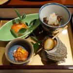 乳頭温泉郷 妙乃湯 - 前菜：もだし含め煮、栄螺旨煮、紅鱒冷燻寿司、石狩漬