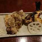 りょうりや 御旅屋 - 原木舞茸天麩羅  子持鮎の若狭焼き