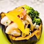 白船荘 新宅旅館 - 冷し鉢　丸茄子射込、プチトマト、海老、シメジ、炙り帆立、ブロッコリー