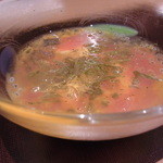 神保町 傳 - 先付　新食感宣言（ジュンサイの酢ゼリーがけ）　ジュンサイ　バジルの種　柚子でといたトマト　玉子豆腐　トビッコ