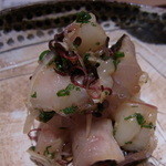 神保町 傳 - 造里　本日の鮮魚　かます　甘海老　あさつきと茗荷　カボス