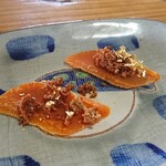 懐石料理 尋 - からすみ、河豚の卵巣の糠漬け、金粉