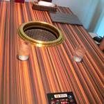 焼肉 kanoya - 私たちが座ったテーブル。手前のボタンで店員さんを呼べます。