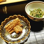 道人 - 牛蒡胡麻汚し　芹とお揚げの和え物。この二皿も驚く美味しさ。キャーキャー言ってしまった。