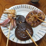 たこ坊 - ゲソの塩焼、どんこの生椎茸焼、新れんこんの肉詰