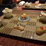 あわじ浜離宮 別荘 鐸海 - 2012_あわじ浜離宮 別荘 鐸海_オードブル：菜の花の卵豆腐、牛蒡の和風ポタージュ、ポワトリーヌフィメの炙り、里芋のブラバスソース、豆腐のエスカペッシュ、寒鰤と蕪のマリネ