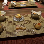あわじ浜離宮 別荘 鐸海 - 2012_あわじ浜離宮 別荘 鐸海_オードブル_オードブル：菜の花の卵豆腐、牛蒡の和風ポタージュ、ポワトリーヌフィメの炙り、里芋のブラバスソース、豆腐のエスカペッシュ、寒鰤と蕪のマリネ