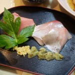 ペンションみなもと - マグロ（トロ）とカンパチの刺身（一日目の夕食）